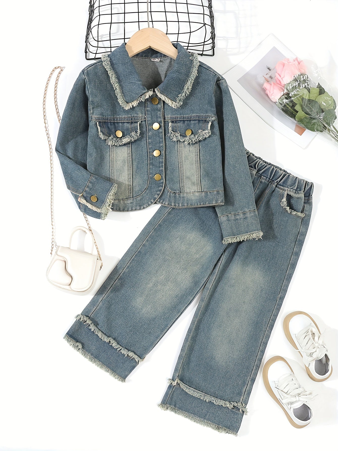 Girls Denim Two-Piece Set Autumn Retro Solid Color Woven Cotton Polyester