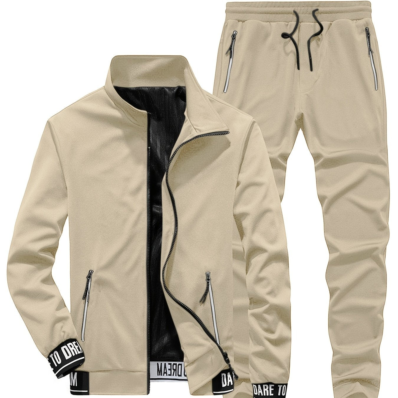 Men's Polyester Knit Casual Sportswear Set with Pockets and Collared Neck for Fall Winter