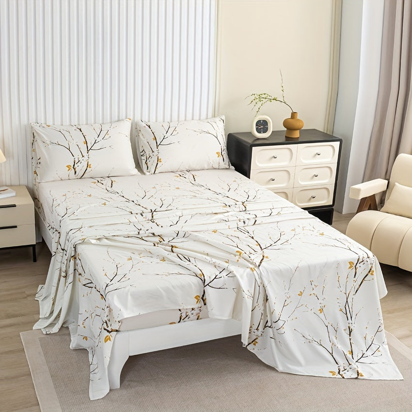Floral Branch Microfiber Fitted Sheet Set with Deep Pockets and Pillowcases