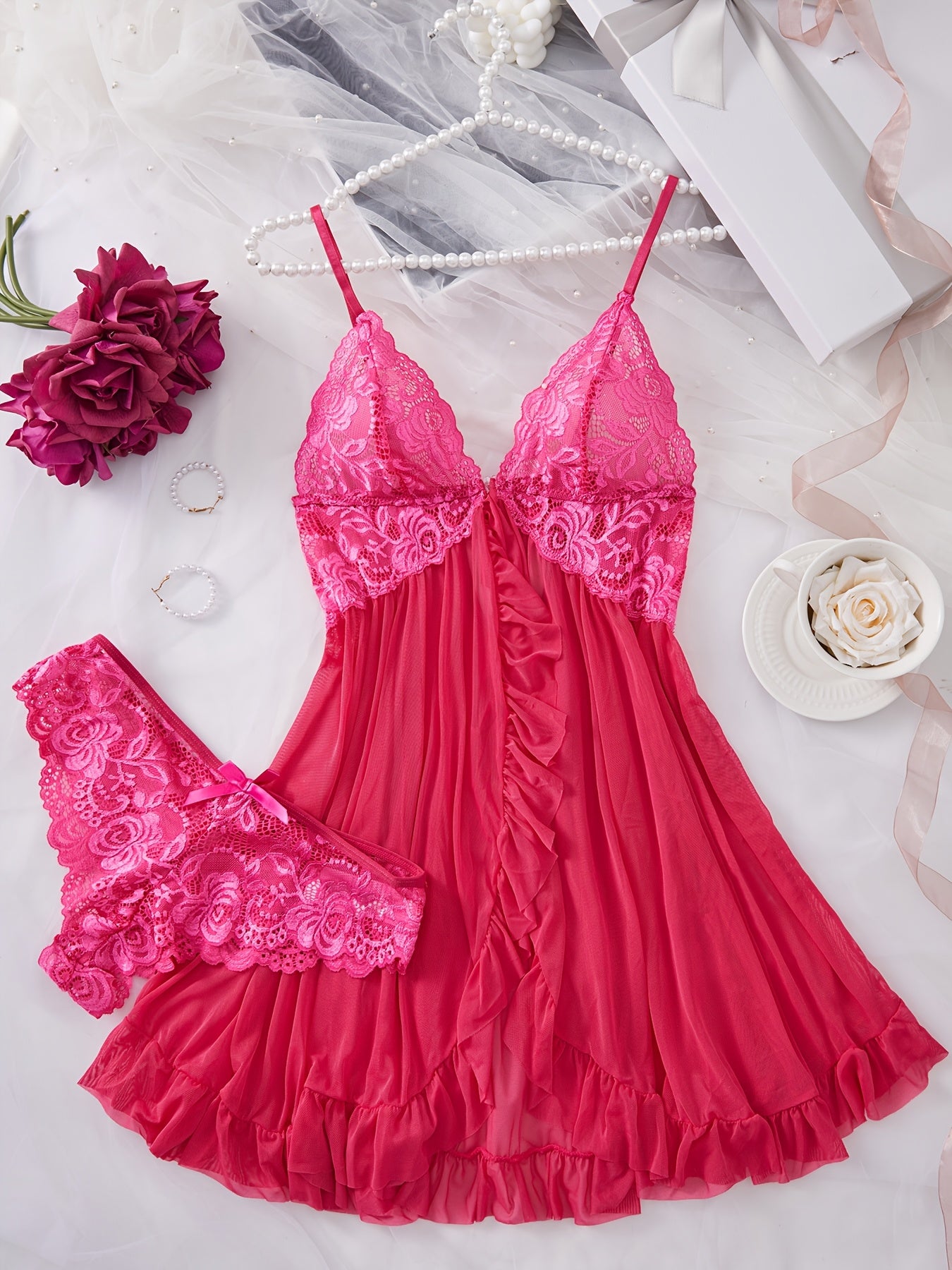 Lingerie Set Lace Spliced Chemise with Ruffle Detail Polyamide Elastane Mid-Rise Briefs