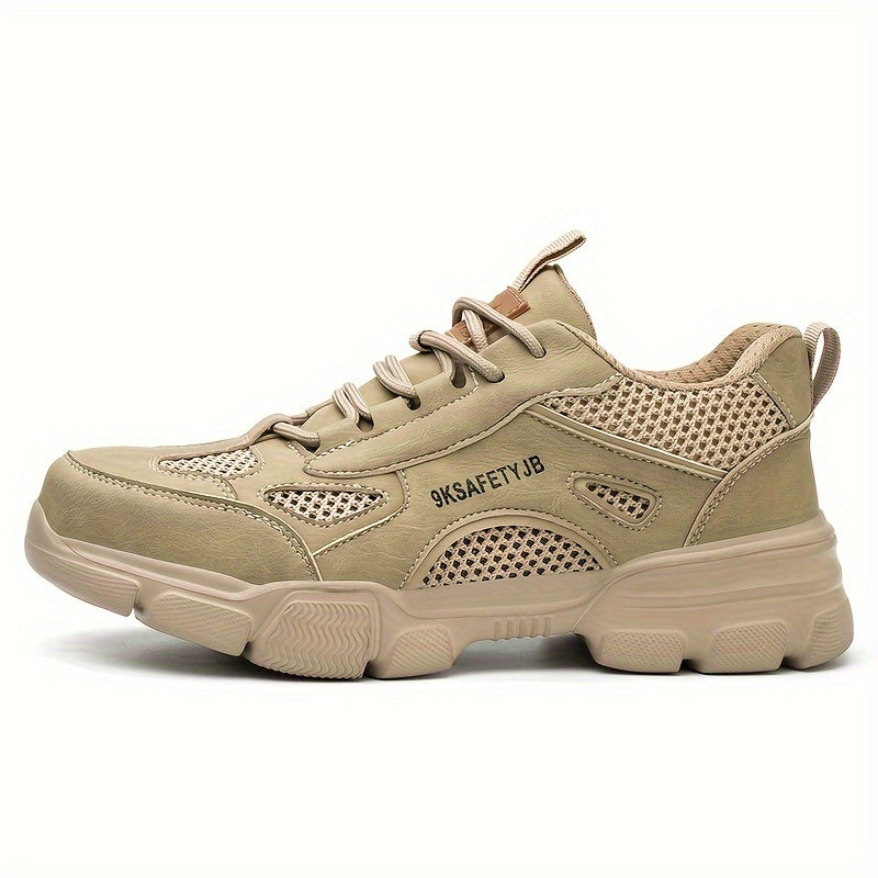 Men's Safety Shoes Lightweight Steel Toe Non-Slip Puncture-Resistant Rubber Breathable Mesh Beige