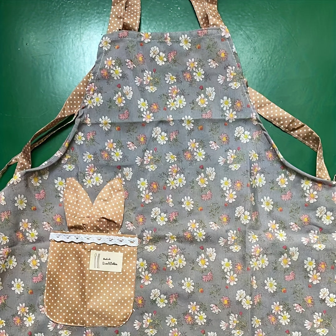 Floral Kitchen Apron Water-Resistant Stain-Resistant Polyester Cooking Apron