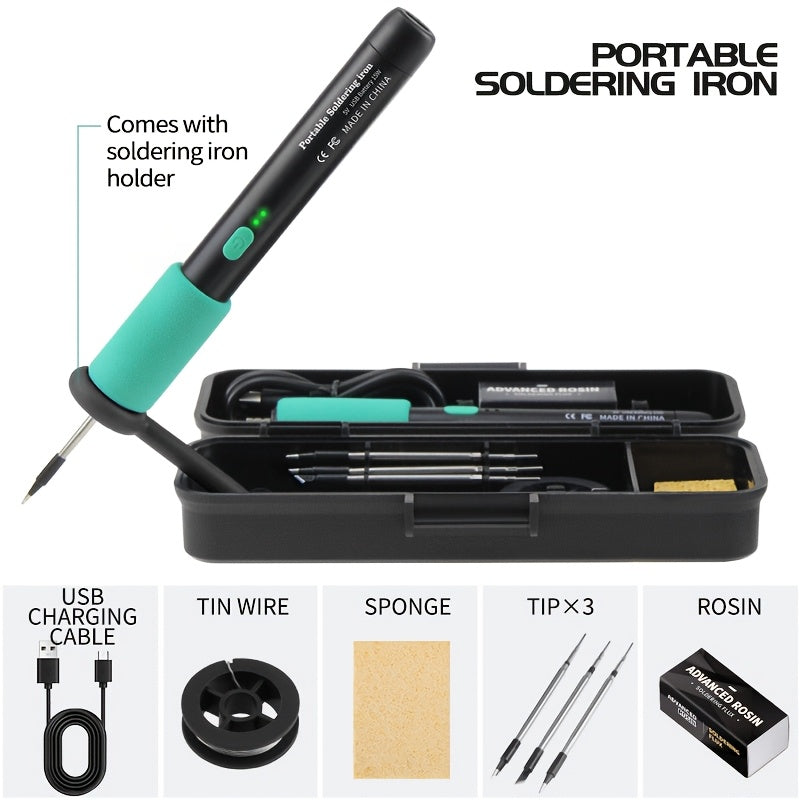 Adjustable Temperature Mini Soldering Iron Kit with USB Rechargeable Battery and 3 Tips