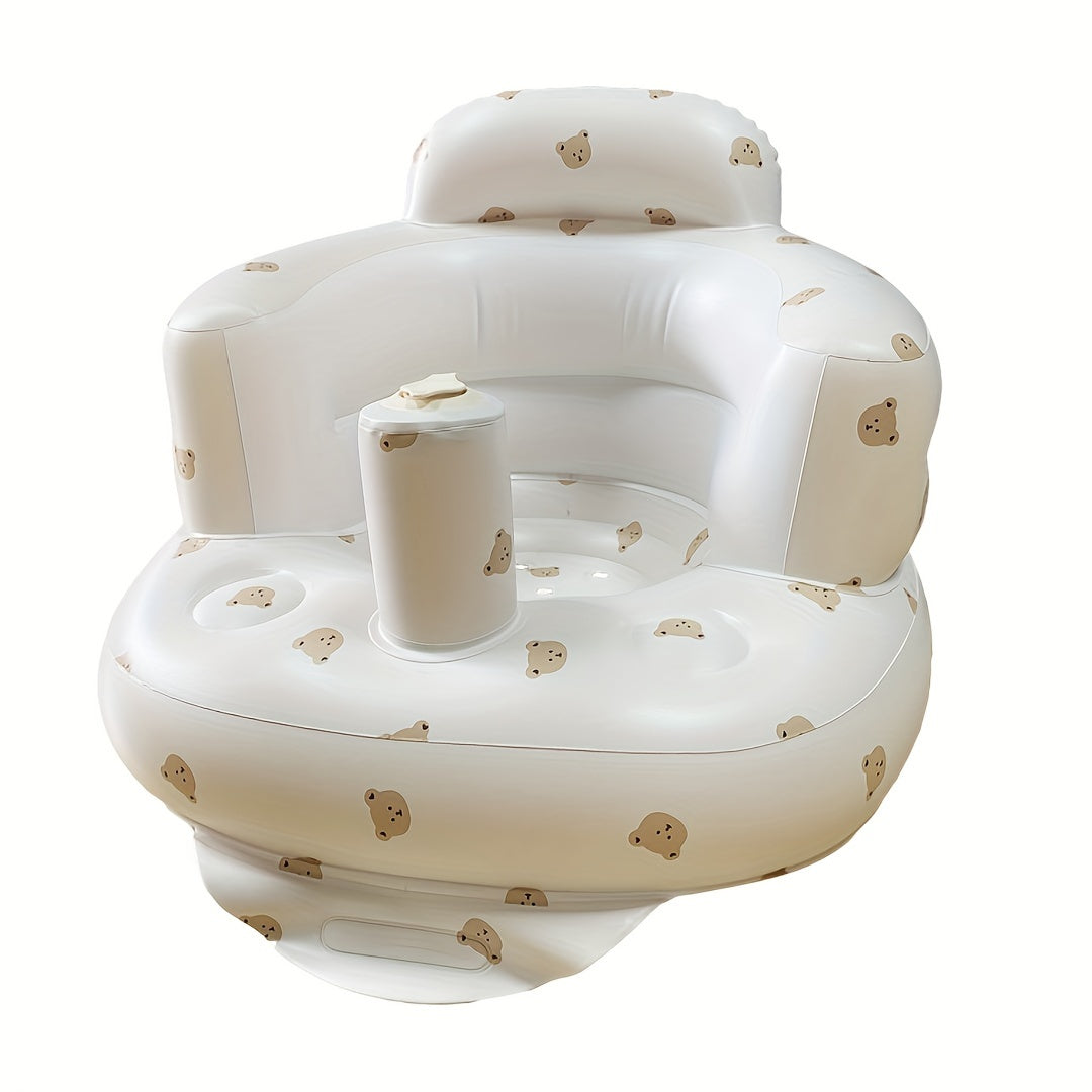Inflatable Baby Seat with Back Support White Bear Design Toddler Floor Seat for Sitting Up