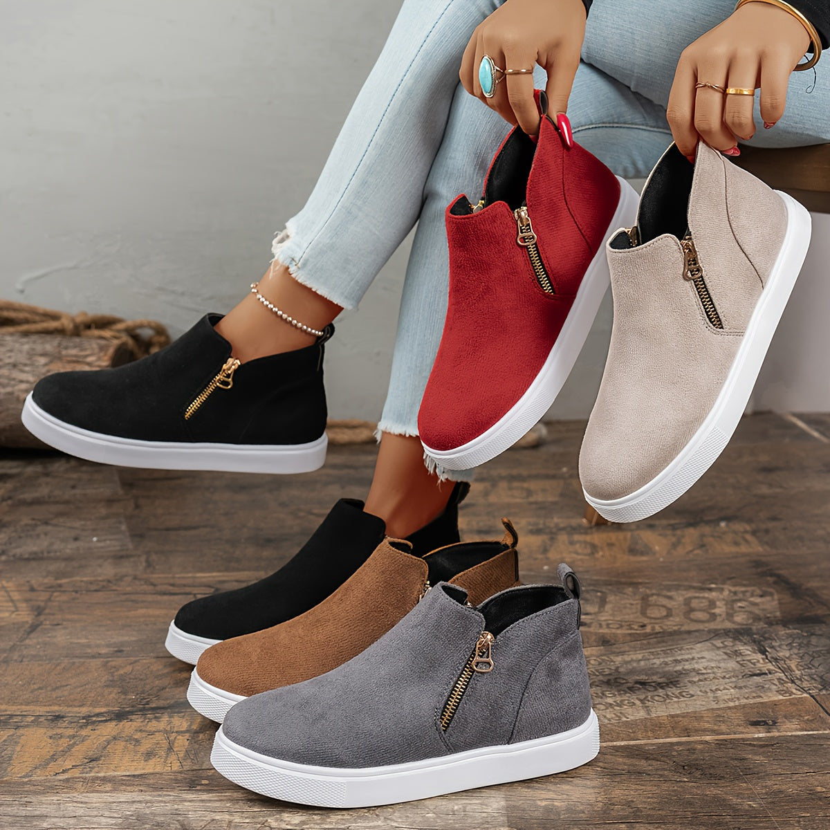 Women's Ankle Boots Retro Solid Color Flat Boots with Side Zipper