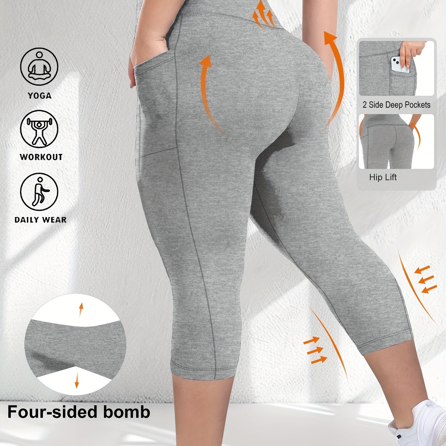 Plus Size High-Waist Stretchy Capri Leggings Navy Blue with Pockets