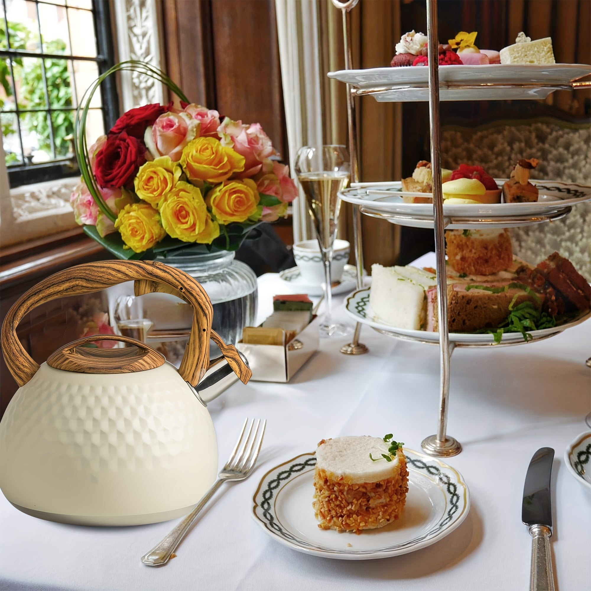 Stainless Steel Tea Kettle with Wooden Handle, Loud Whistle, Induction Compatible