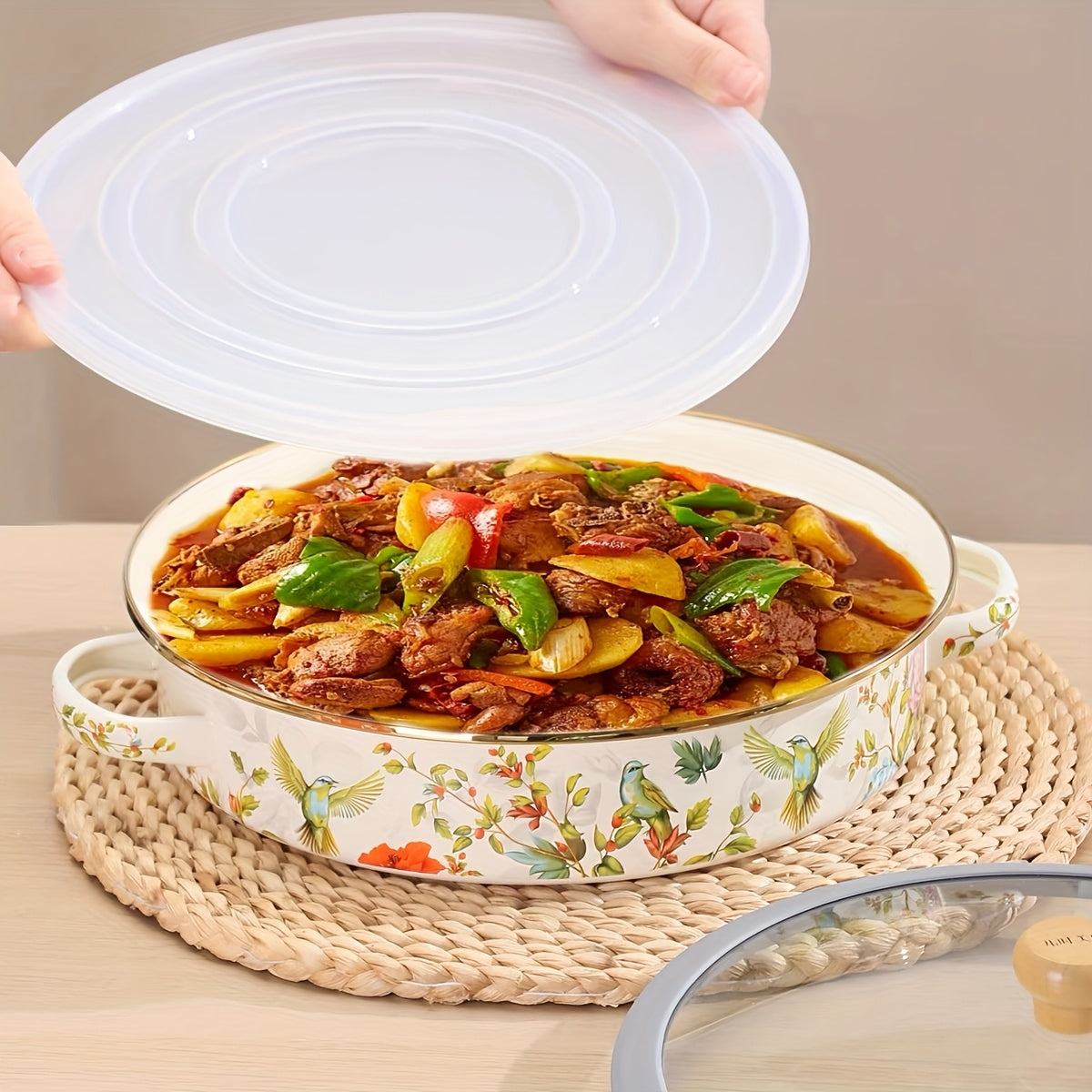 Enamel Baking Pan 27.94cm with Dual Handles and Plastic Lid for Cooking and Serving