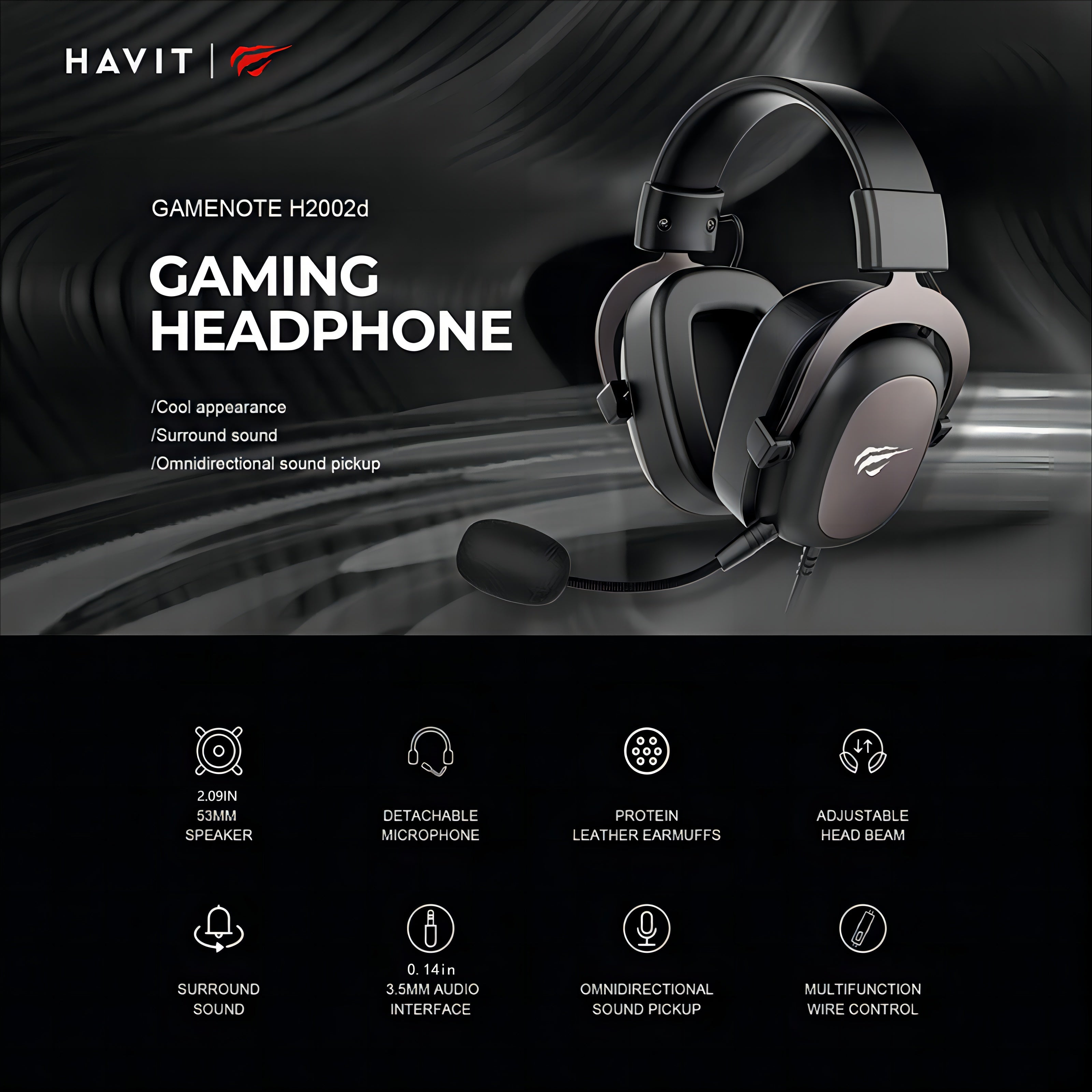 Gaming Headset with Protein Leather Earmuffs Detachable Microphone Surround Sound Adjustable Headband