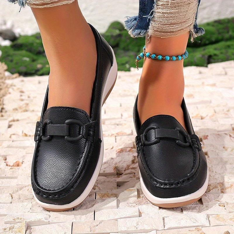 Women's Slip-On Loafers PU Cover Flats with Buckle Non-Slip Casual Shoes