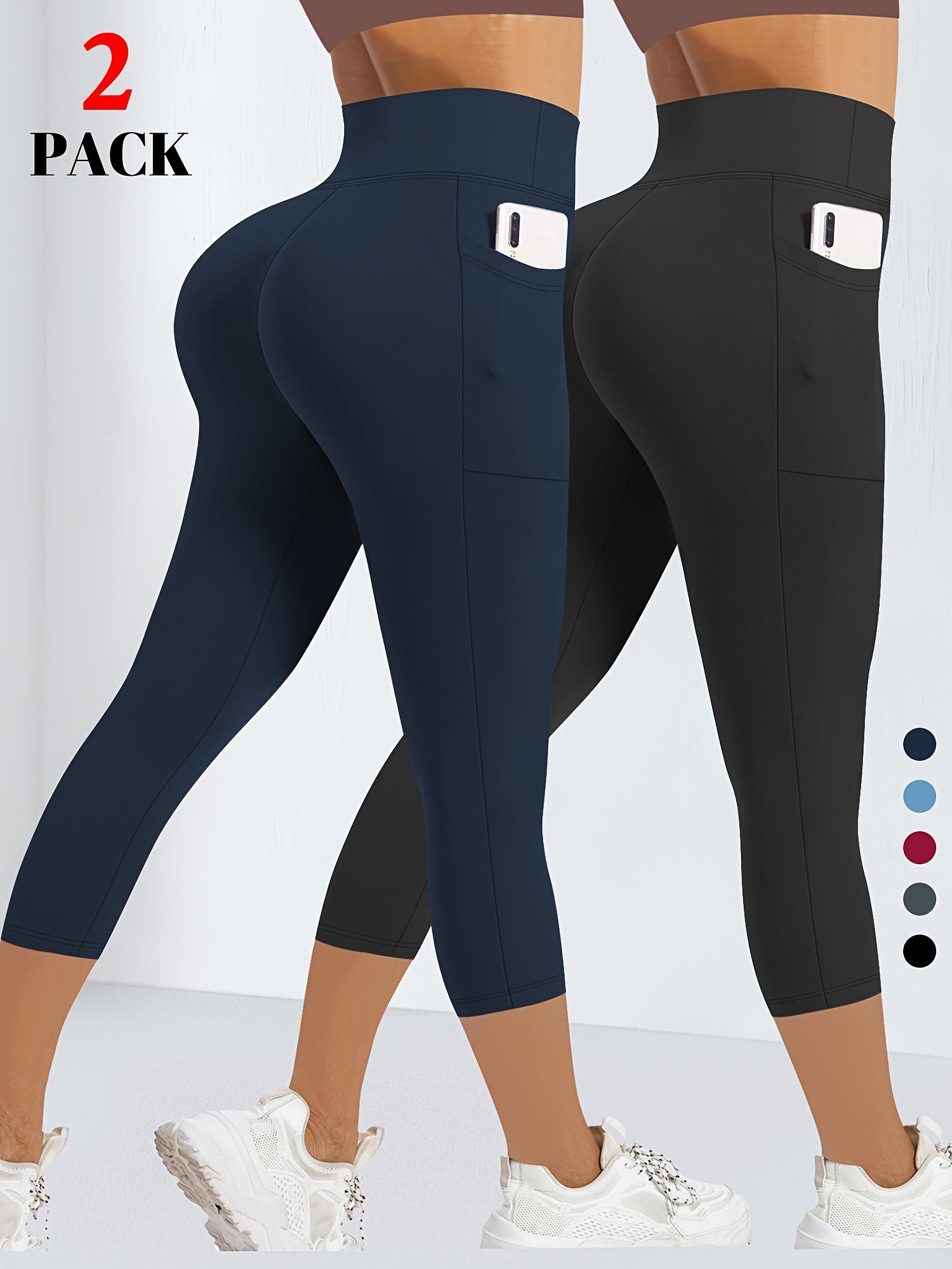 Plus Size Women's High-Waist Leggings 2-Pack with Pockets Stretchy Blue Black