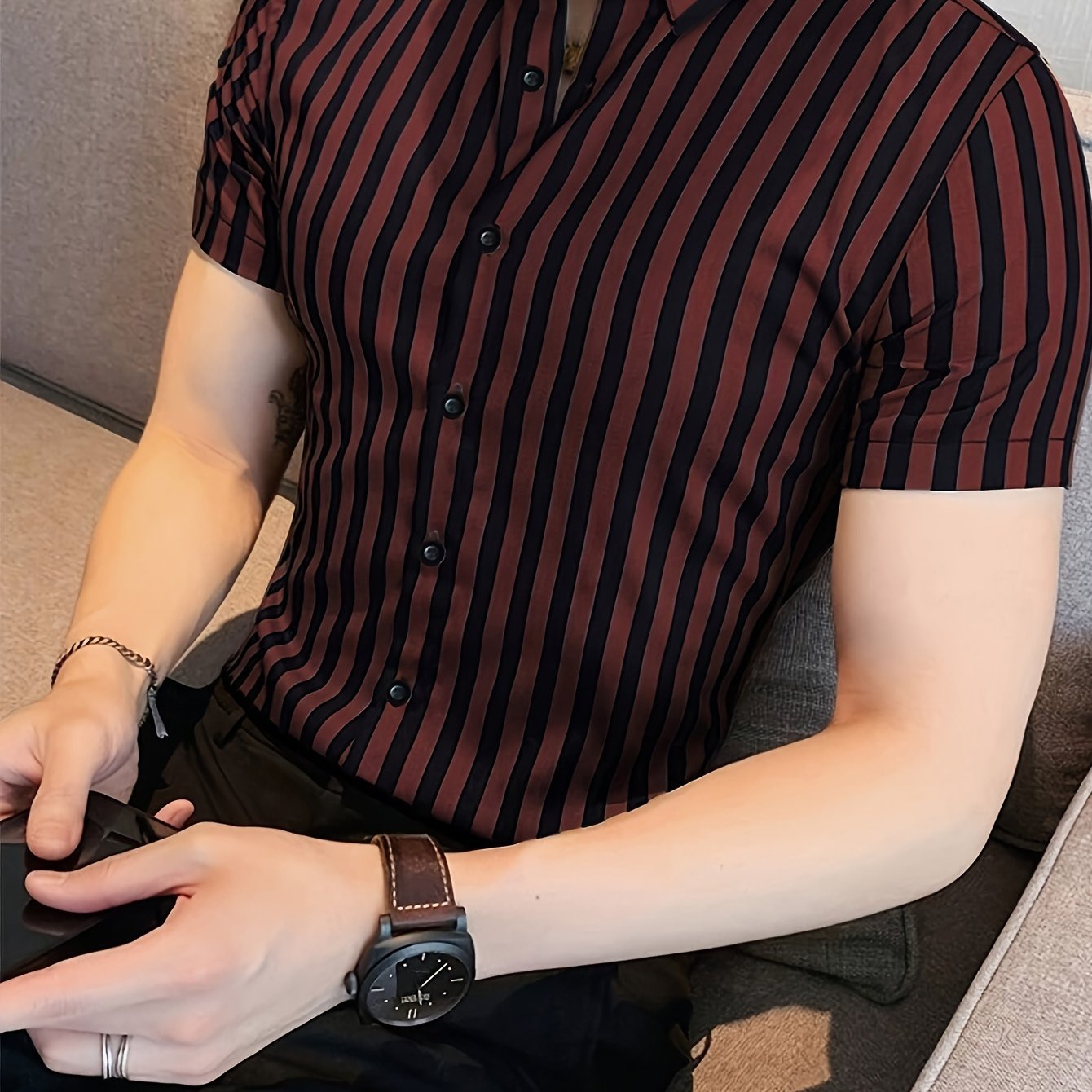 Men's Summer Striped Business Shirt Short Sleeve Regular Fit Polyester Elastane Lightweight Workwear