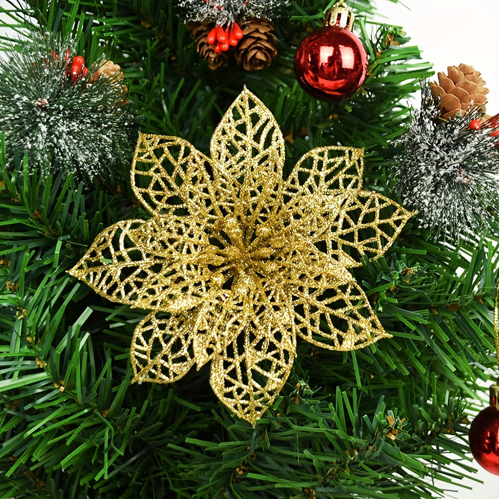 Set of 12 Artificial Golden Powder Christmas Flowers with Clips 15cm for Tree Wreath Decor