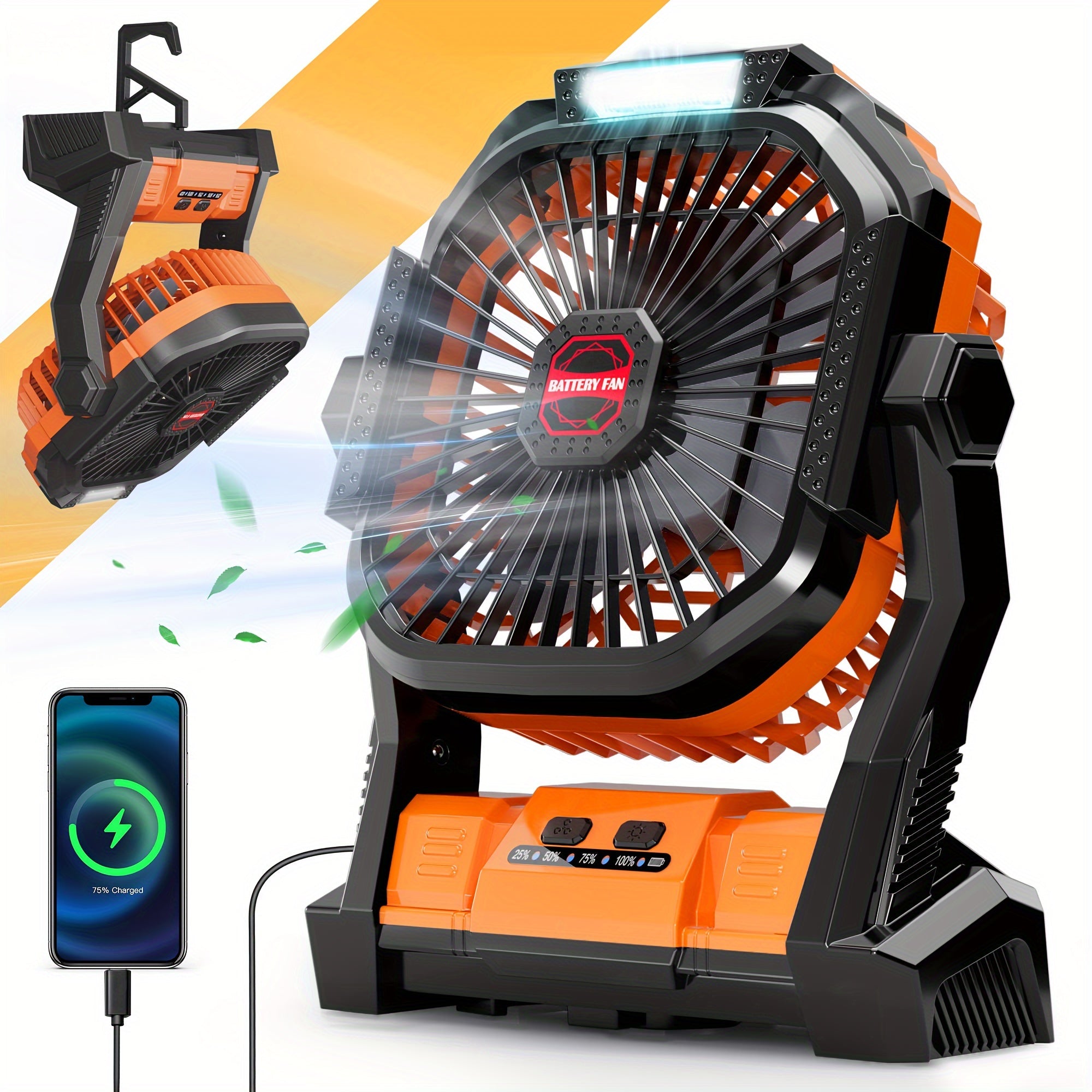 Portable Personal Fan with LED Light and Hook, USB Rechargeable, 4 Speeds