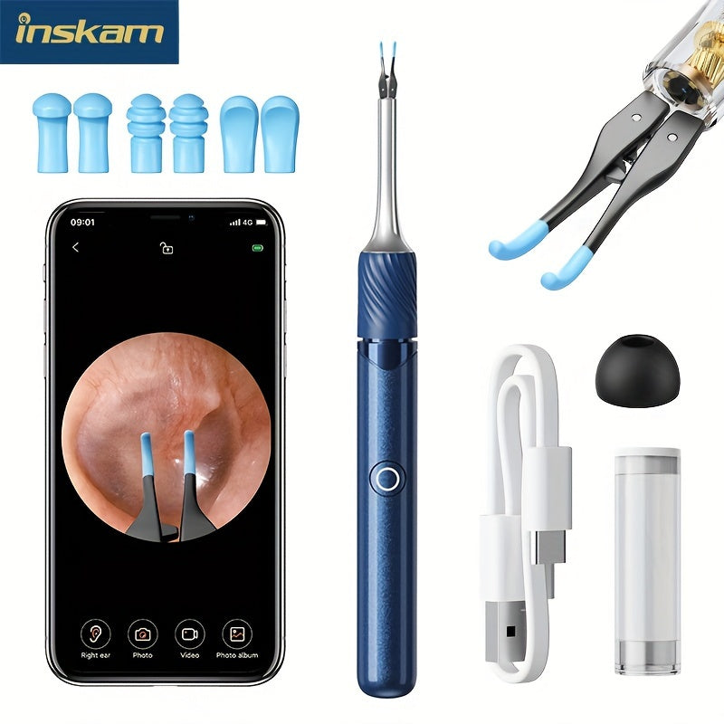 3-in-1 Smart Ear Wax Removal Kit with Camera Tweezers Spoon Rechargeable Battery Black White Blue