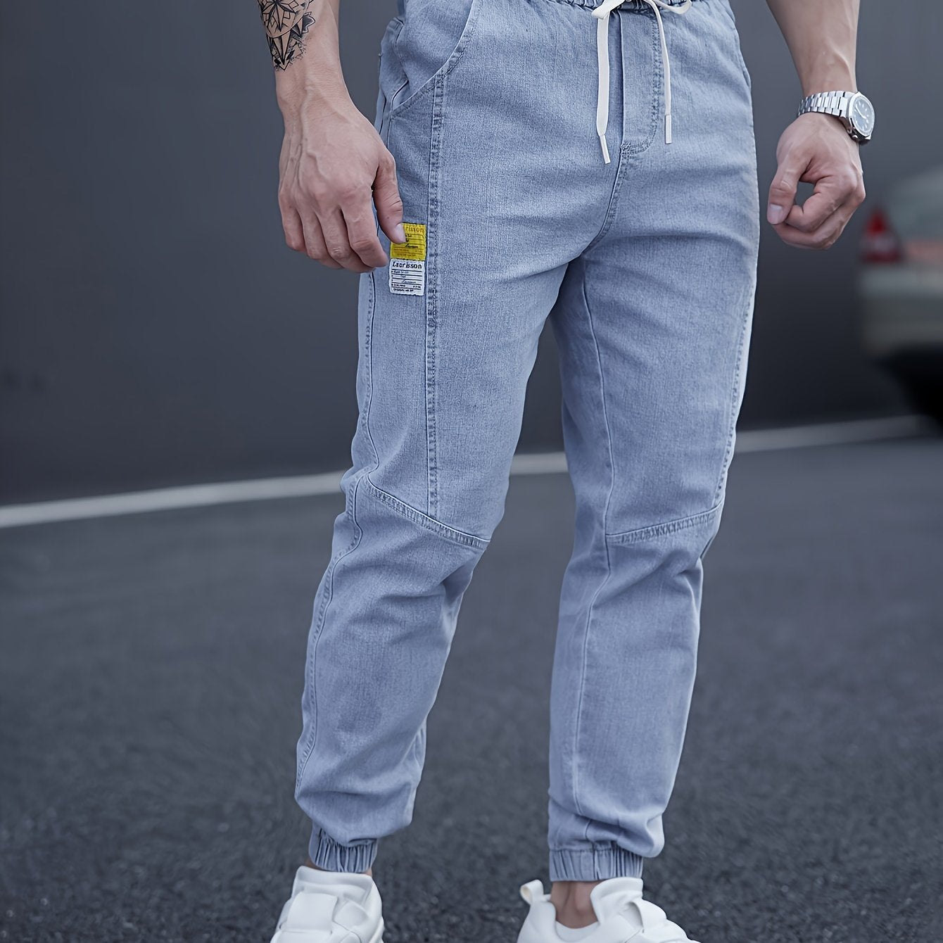 Men's Cropped Jogger Jeans with Elastic Waist Drawstring Utility Pockets Medium Stretch Denim