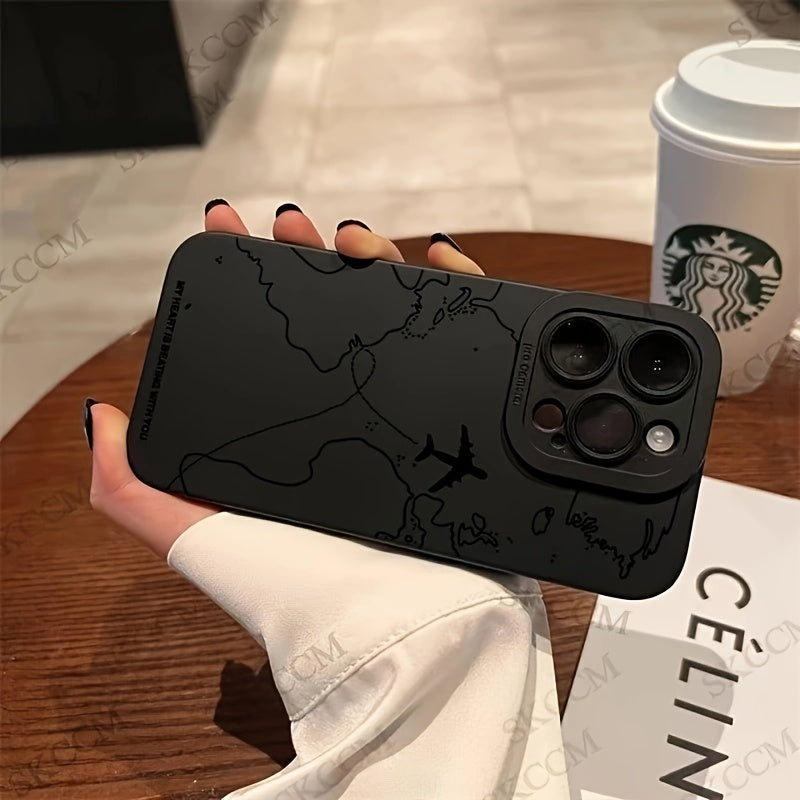 TPU Anti-Fall Phone Case for iPhone 11 and Newer Models with Airplane Route Design