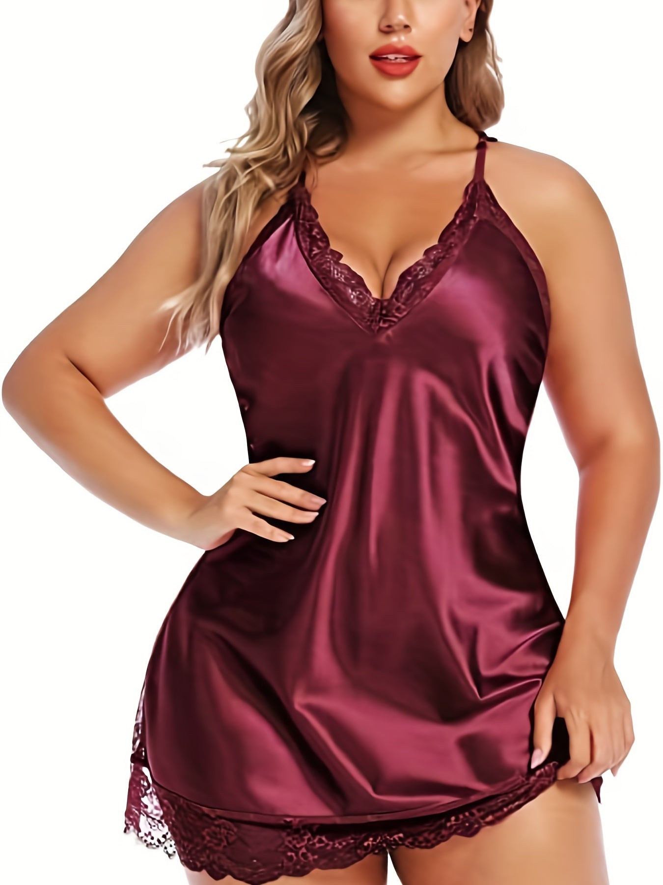Plus Size Satin Lace Nightdress with Thong for Women Breathy V-Neck Pajama