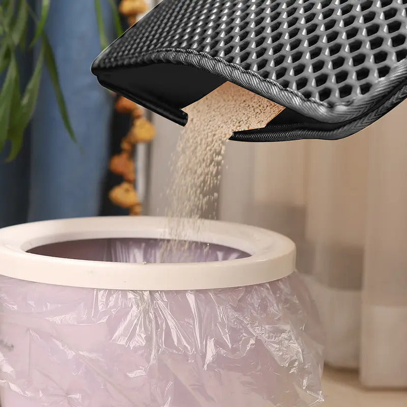 Alfombrilla de doble capa para arena de gato EVA con bordes elevados anti-disperción, superficie con agarre hexagonal, fácil de limpiar, compatible con todas las cajas de arena