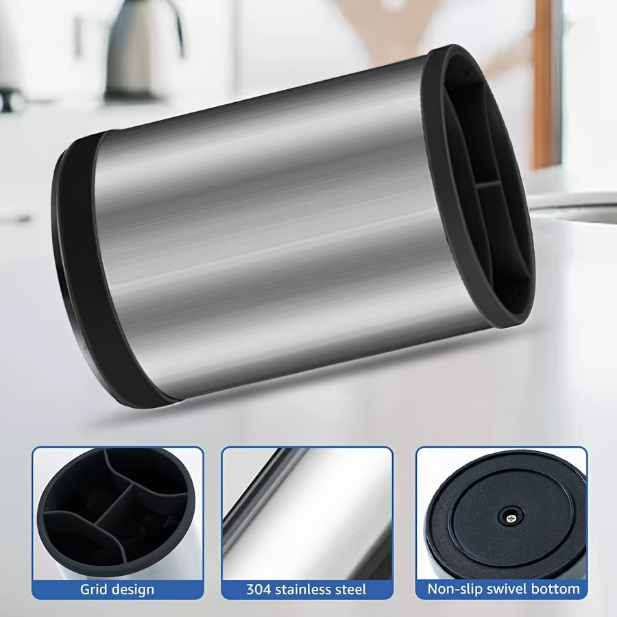 Stainless Steel Kitchen Utensil Holder Brushed Metal 360° Rotating with Drainage