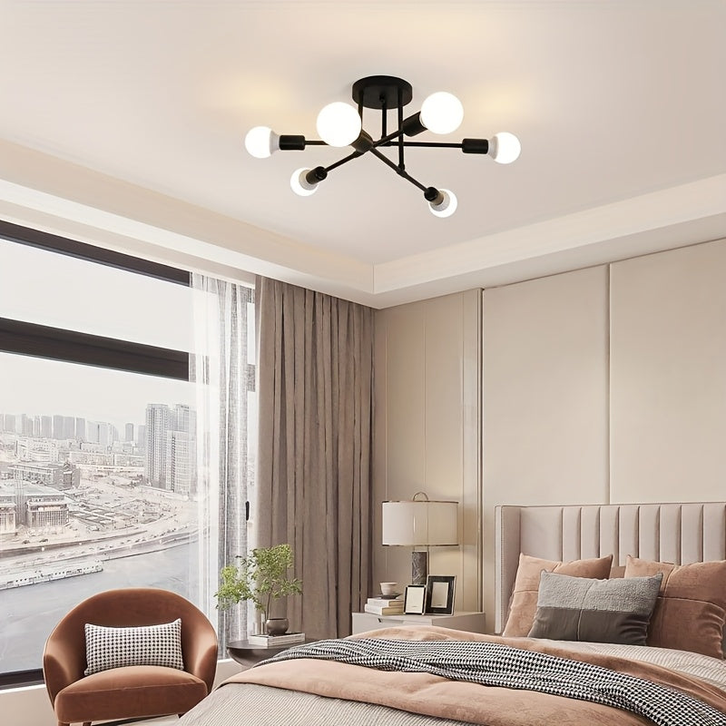 Modern Metal Chandelier with 6 Lights Black and Gold Flush Mount for Bedroom Kitchen Dining