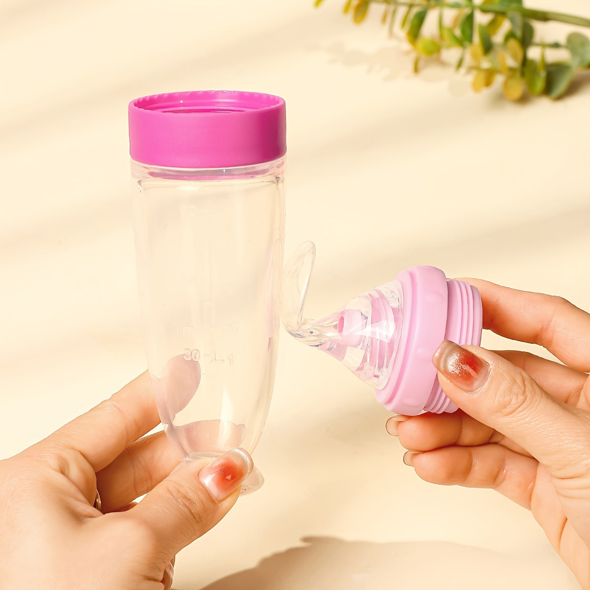90ml Silicone Baby Feeding Bottle with Soft Spoon Head Self-Feeding Squeeze and Suction Cup in White Red Blue Yellow