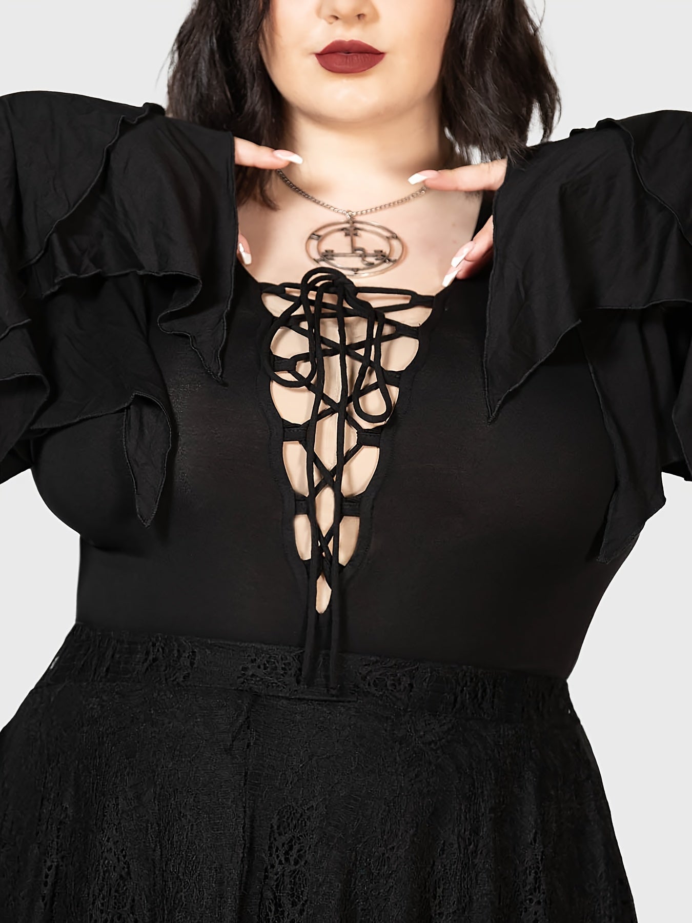 Women's Plus Size Lace Up Front Bodysuit with Asymmetrical Cuffs