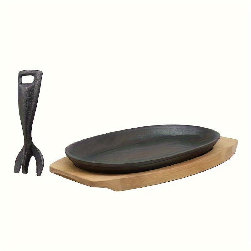 Cast Iron Skillet Set with Wooden Base and Iron Fork for Steak Griddle Cooking Uncoated