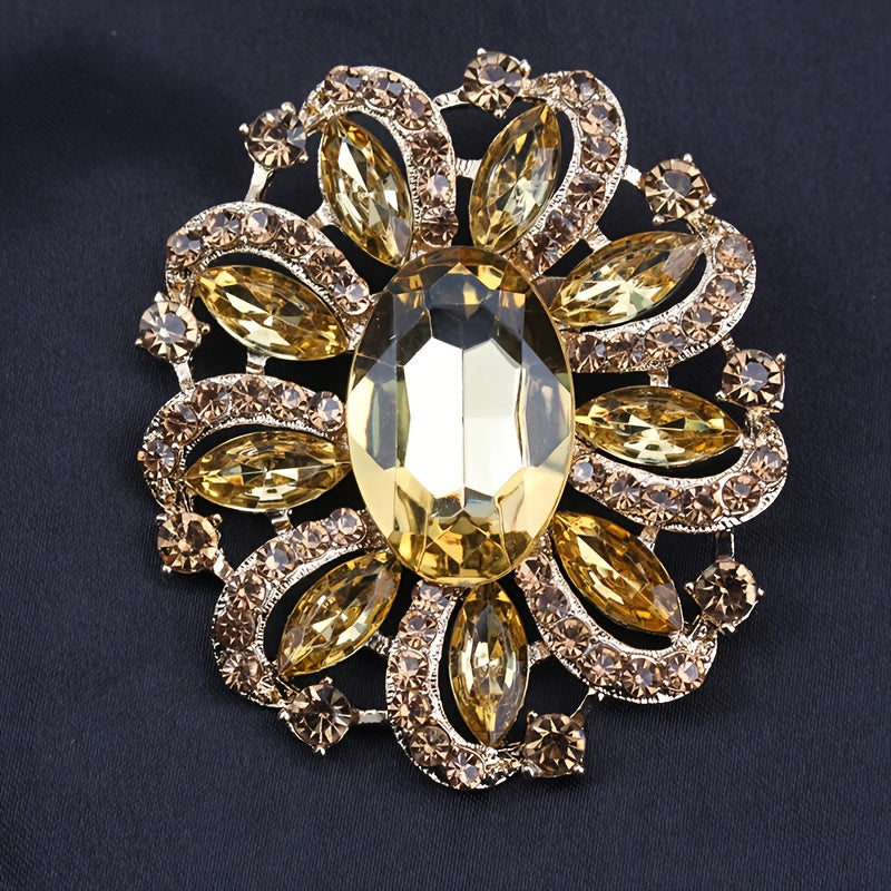 Women's Rhinestone Floral Brooch with Quadrilateral Gemstone Horse Eye Pin