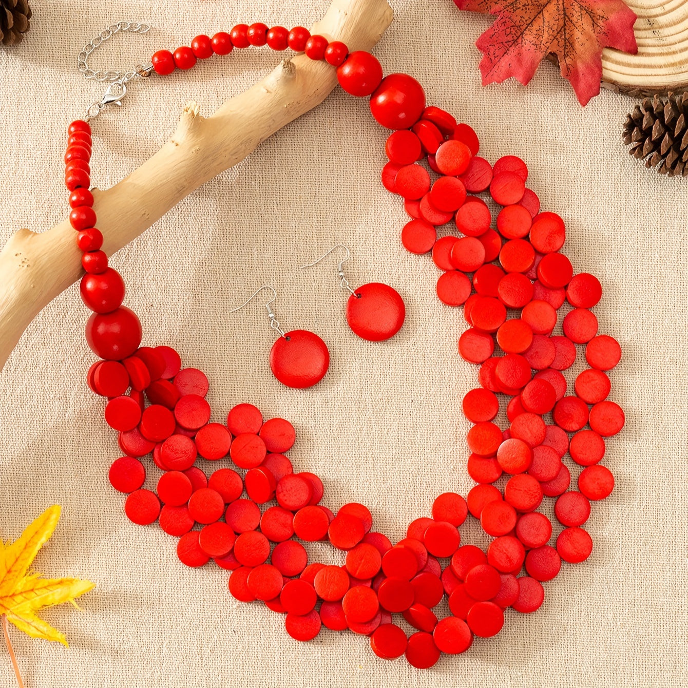 Wooden Boho Style Jewelry Set with Earrings and Necklace for Women