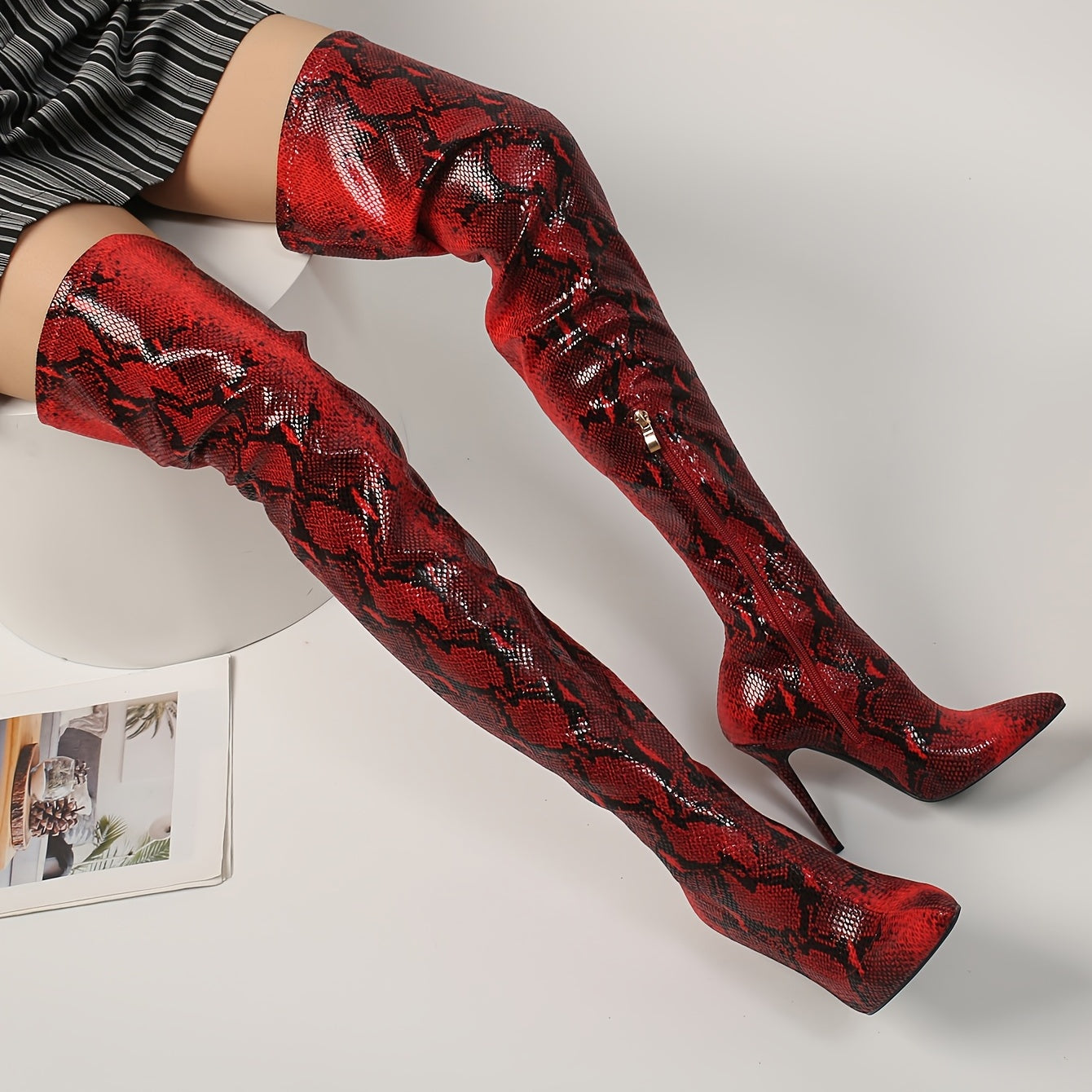 Women's Snakeskin Pattern Over The Knee Stiletto Boots with Side Zipper
