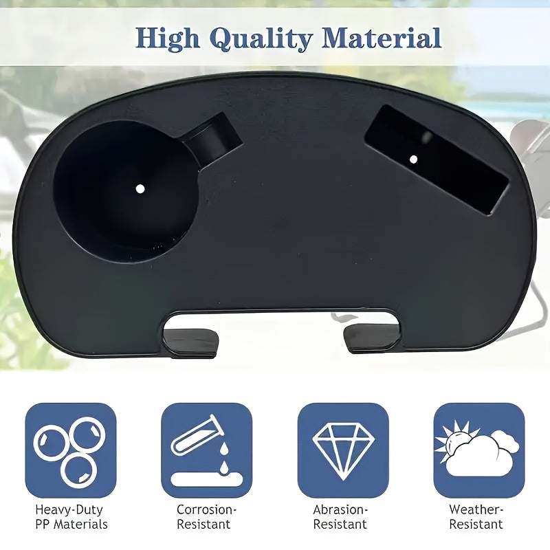 Qora plastmassa stakan tutqichli plastinka, telefon uchun slot bilan, qayriladigan kreslolar va stullar uchun