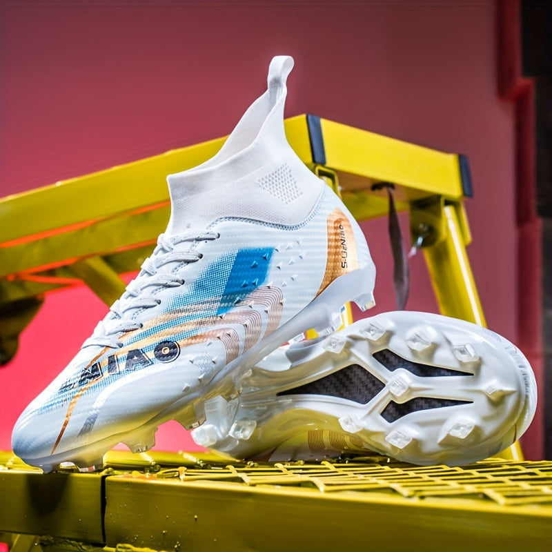 Men's High-Top Soccer Cleats Large Size Geometric Pattern All-Season Non-Slip Lace-Up TPU Sole