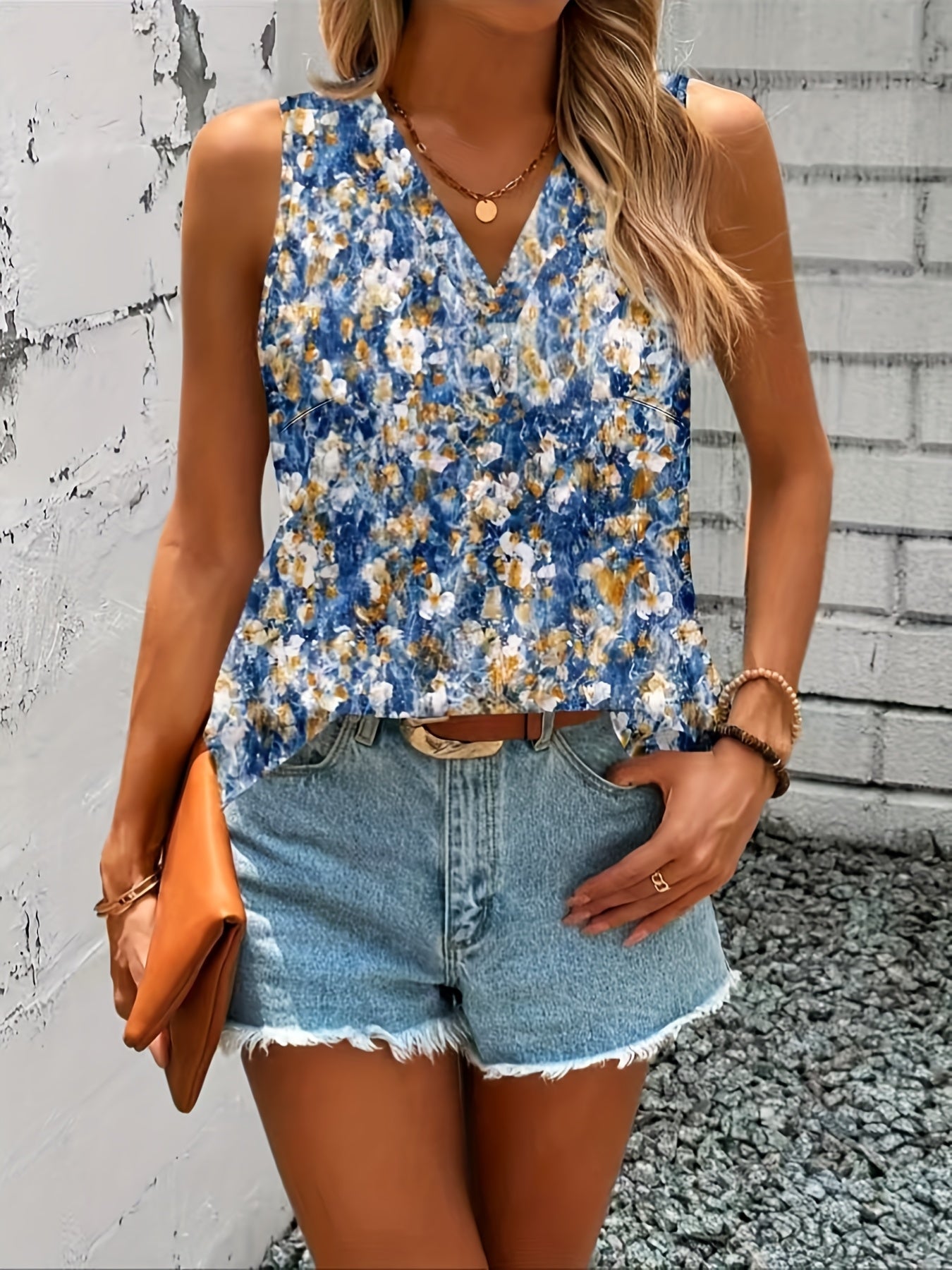 Plus Size Women's Floral Print Sleeveless Vest Spring Summer Vacation Style