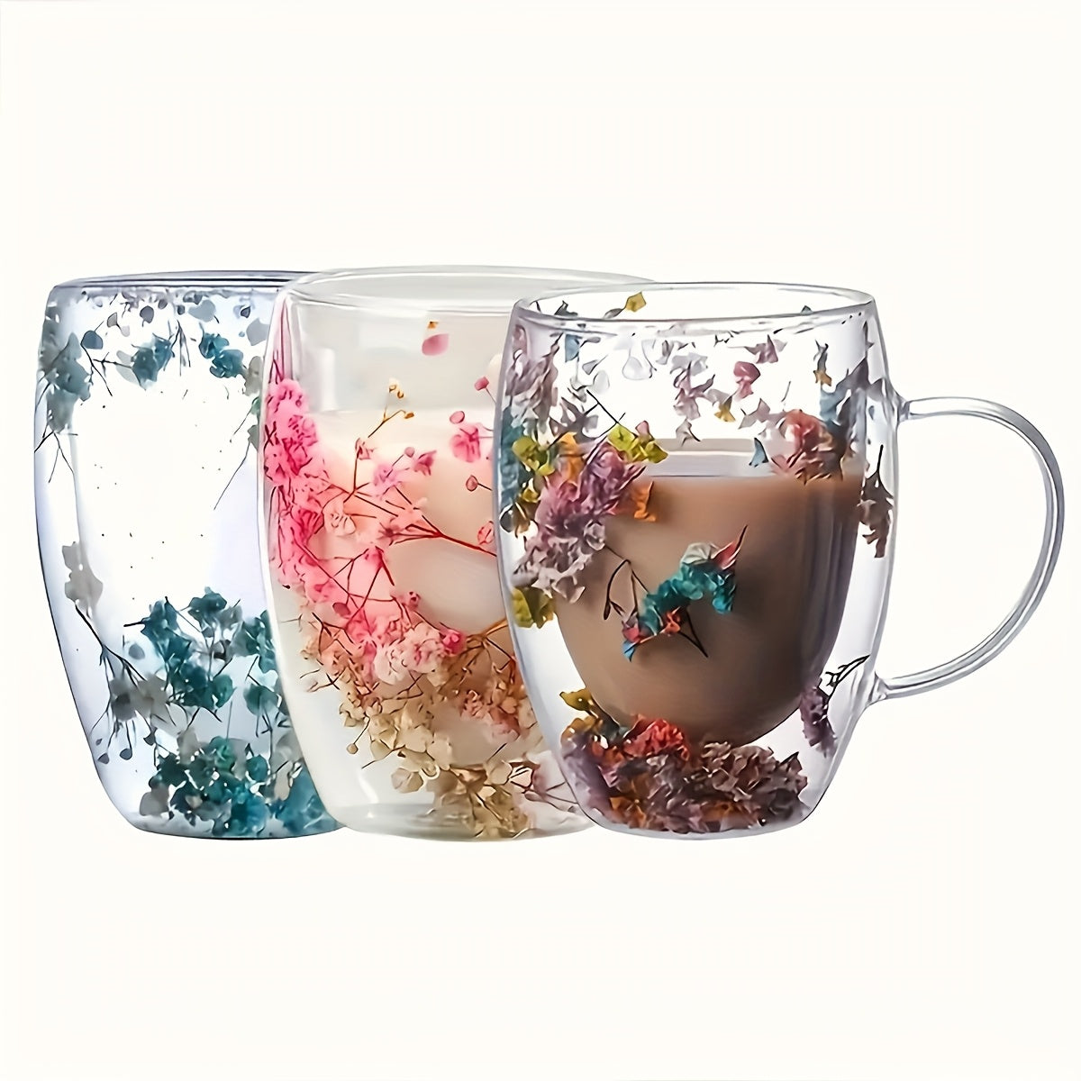 Glass Cups with Dried Flowers 11.83oz Vintage Gypsophila Pattern Reusable