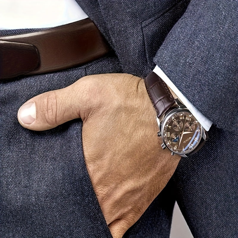 Men's Quartz Watch Faux Leather Strap Round Dial Business Wristwatch