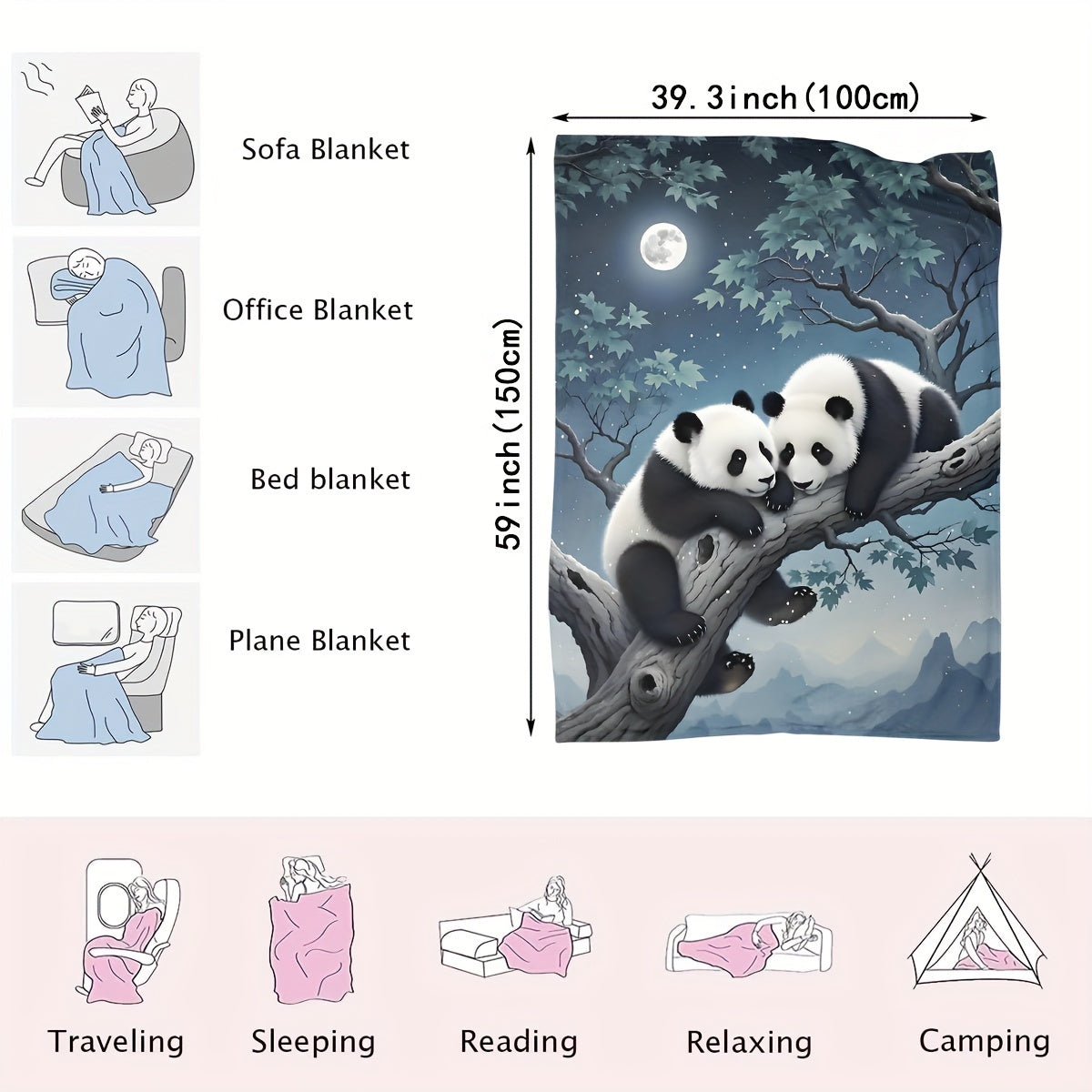 Cozy Panda Print Flannel Throw Blanket 100% Polyester Machine Washable