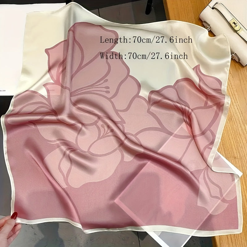 70cm Floral Print Satin Square Scarf for Women Beige Brown Black Boho Fashion Accessory