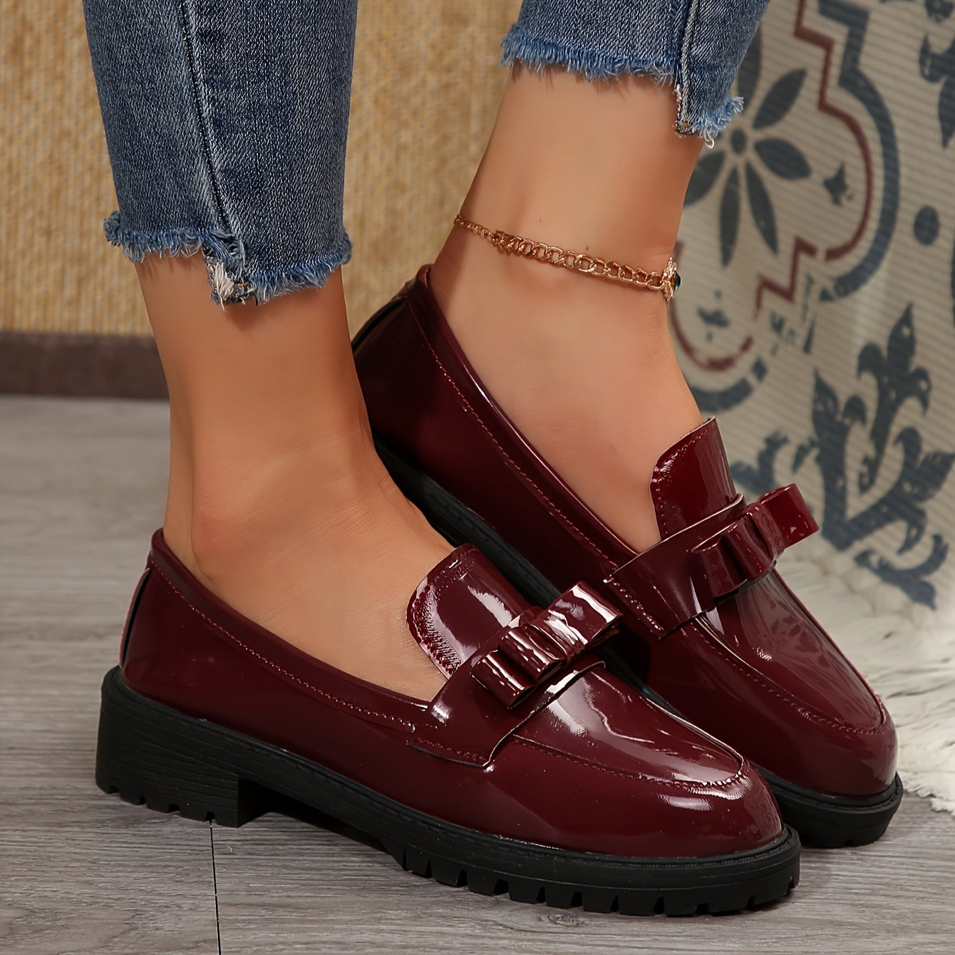 Women's Black Faux Leather Loafers with Bow Detail Slip-On Dress Shoes for Spring and Autumn