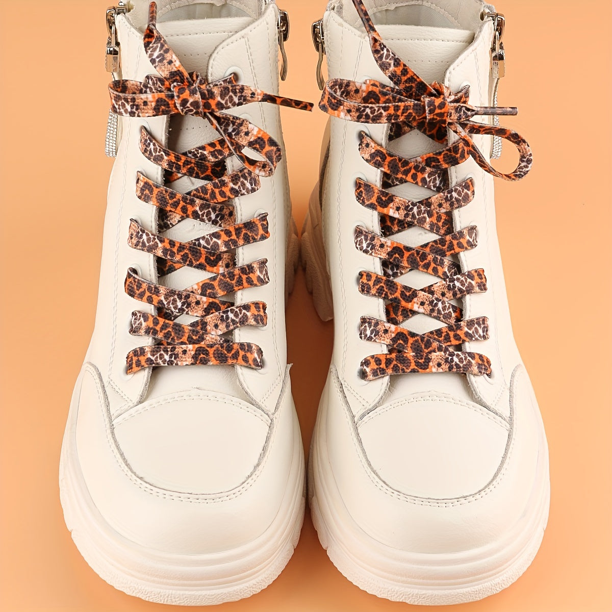 Unisex Canvas Shoe Laces Flat Leopard Print Small White Black