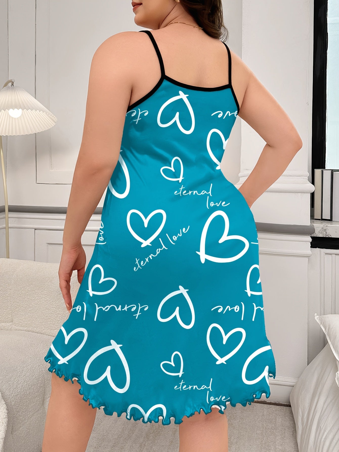Women Plus Size Heart Pattern Spaghetti Strap Nightgown Polyester Sleepwear