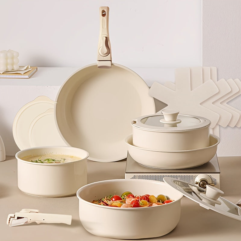 15-Piece Stackable Non-Stick Cookware Set with Removable Handles for Induction