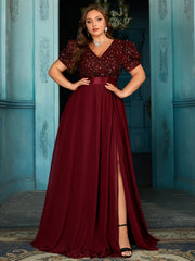 Plus Size Sequin Bubble Sleeve Evening Gown Black Formal Dress