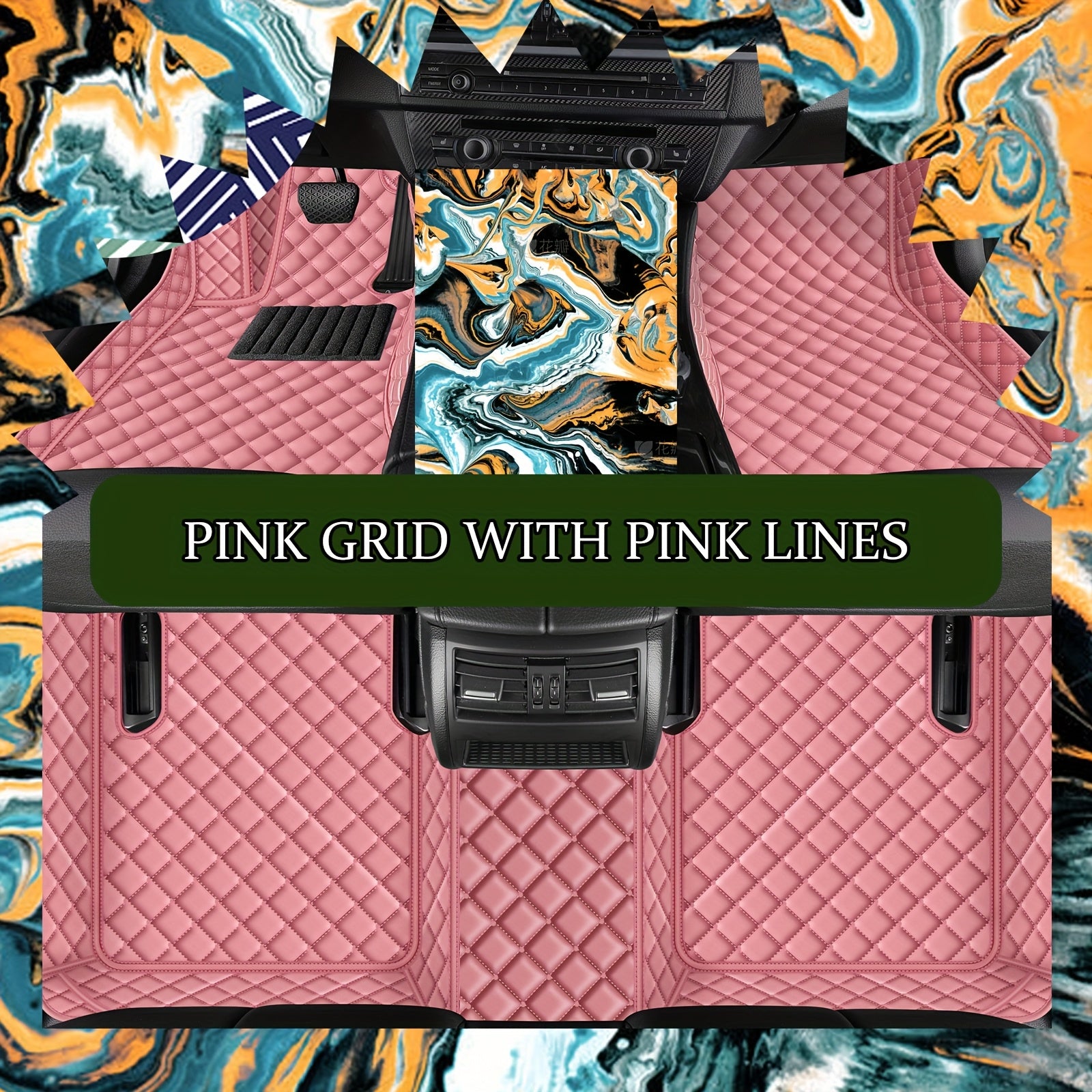 Pink PU Leather Car Floor Mats for SUV Diamond Pattern Waterproof Non-Slip