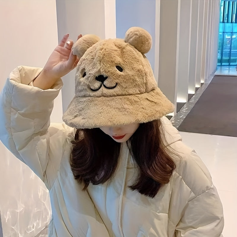 Women's Fuzzy Bucket Hat with Bear Embroidery Yellow White Cozy Winter Wear