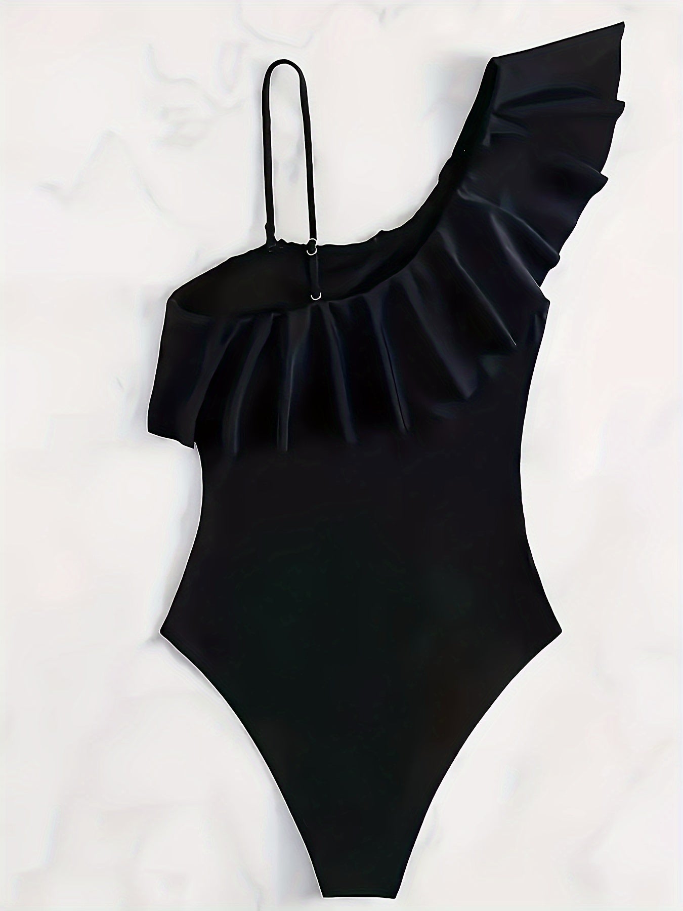 Black Mesh One-Piece Swimsuit with Asymmetric Ruffled Detail and Removable Padding
