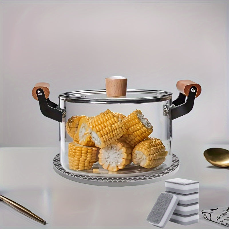 Transparent Glass Soup Pot with Lid and Wooden Handles for Easy Cleaning