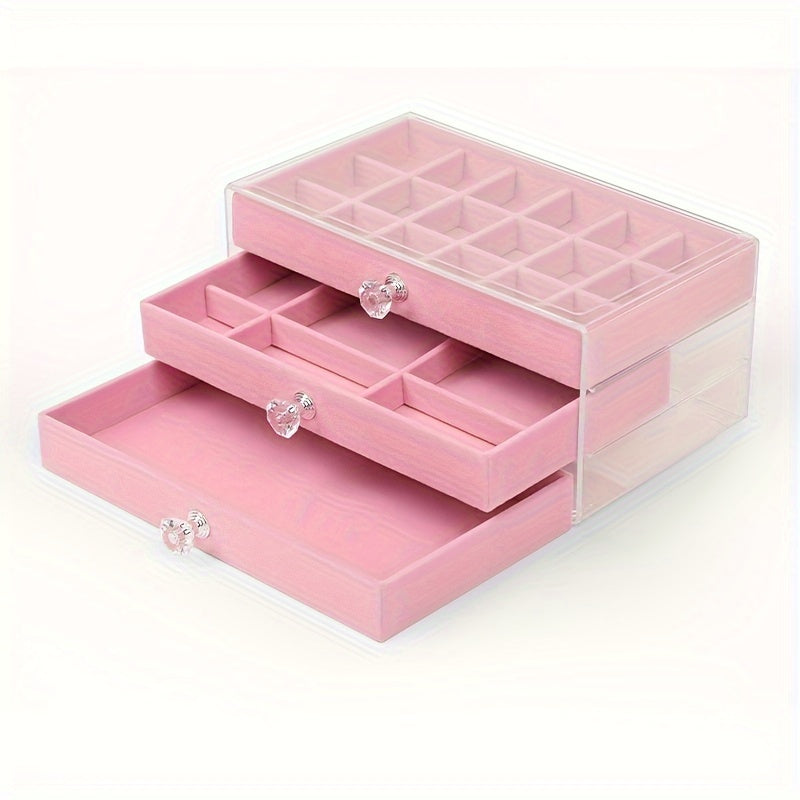 Organizador de joyas de acrílico con cajón de forro suave para collares, pendientes y anillos, azul claro y rosa