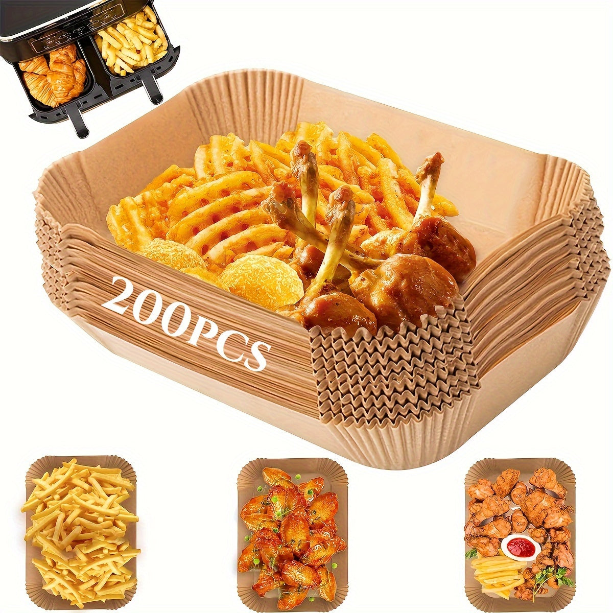 100/200 Pieces Non-Stick Air Fryer Liners Reusable Oil Water Resistant Fits Dual Basket