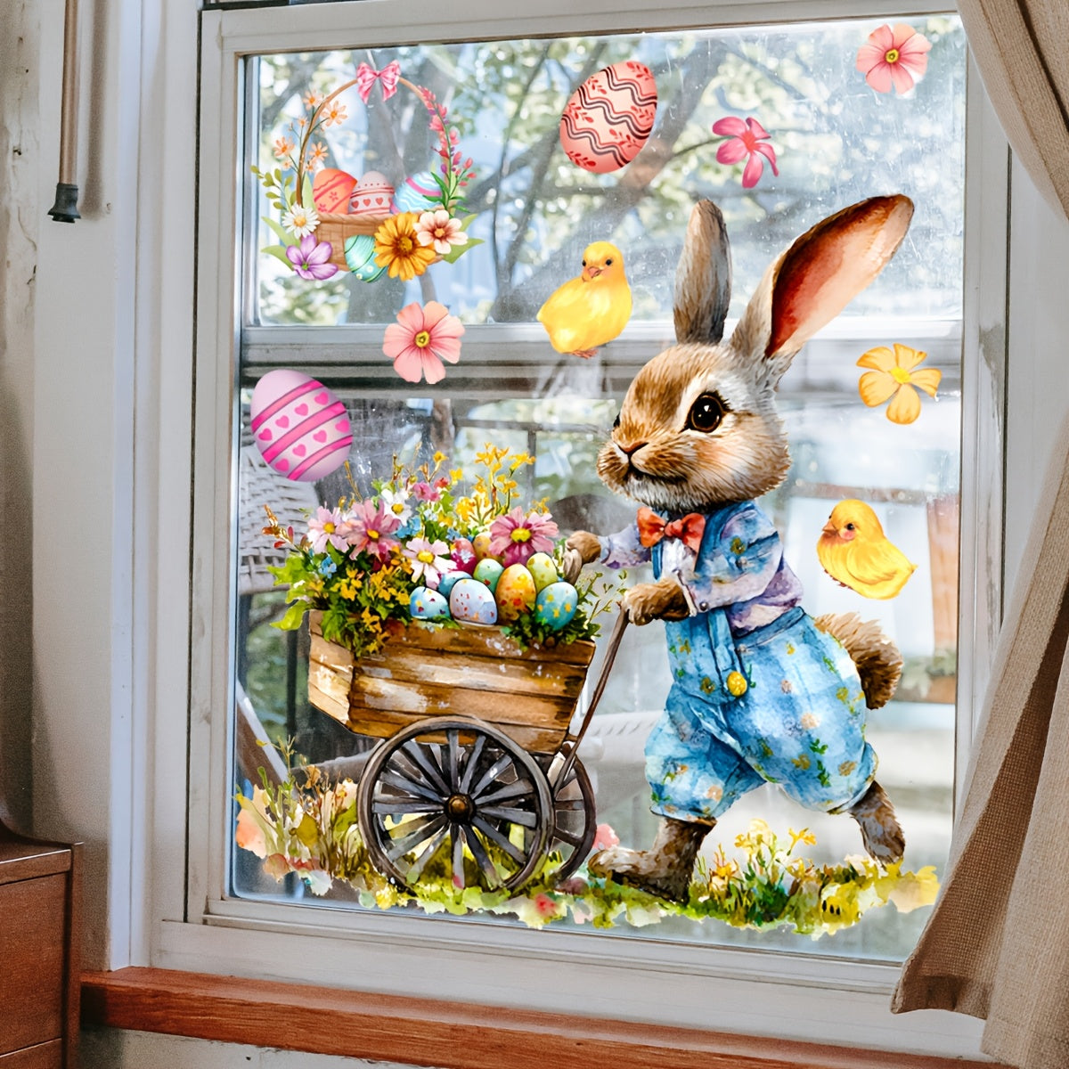 Easter Glass Window Sticker Bunny Cart with Eggs Decorative Decal